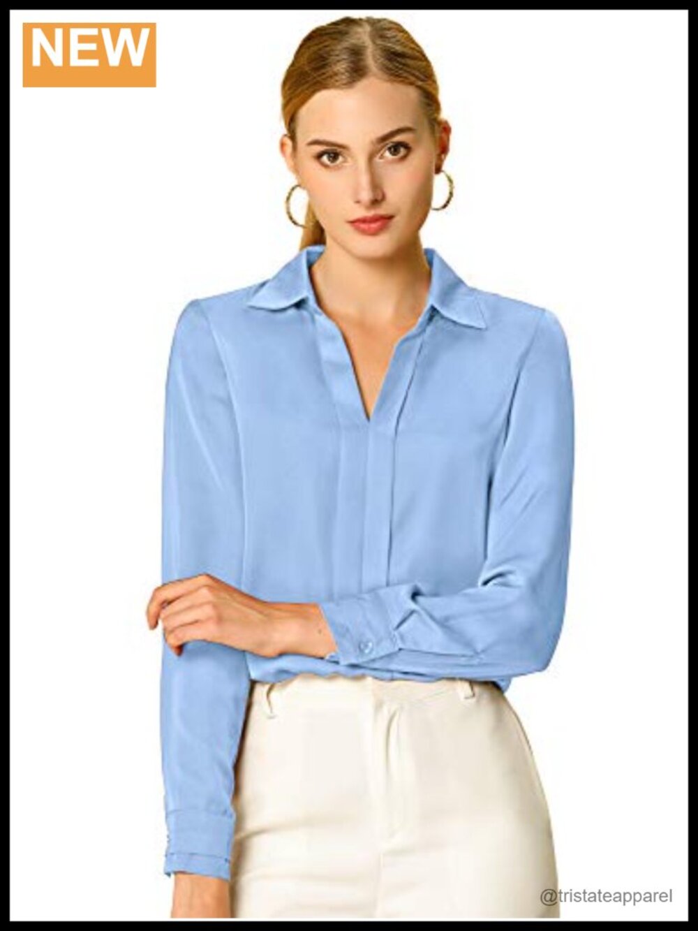 Silky Satin V-Neck Blouse Long Sleeve Dressy Business Shirt